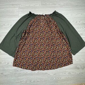 Weekend Suzanne Betro Womens Blouse 2X Green Multi Abstract Print Knit Sleeve